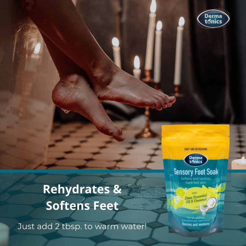 Dermatonics Sensory Foot Soak | Softens and Soothes Hard Foot Skin | With Lime Essential Oil and Coconut | Revives and Awakens | Suitable for Vegans | 12.35 oz