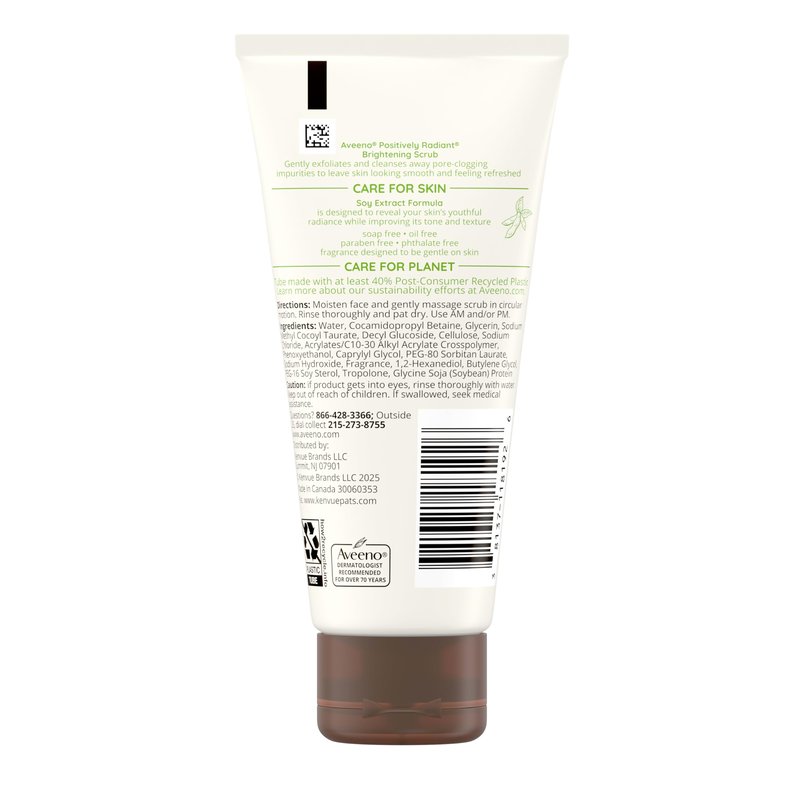 Aveeno Positively Radiant Skin Brightening Exfoliating Daily Facial Scrub, Moisture-Rich Soy Extract, helps improve skin tone & texture, Oil-& Soap-Free, Hypoallergenic, Travel Size, 2 oz