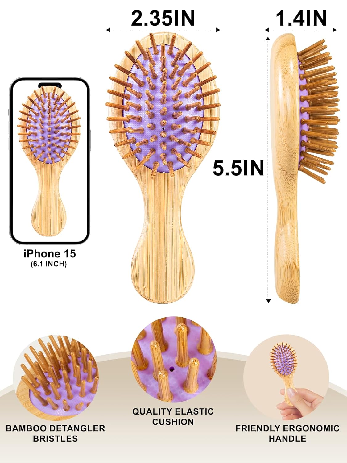Sofmild Mini Travel Bamboo Hair Brush for Women/Men/Kids - Anti-Static Small Travel Size Detangler Brush for Purse, Pocket, backpack