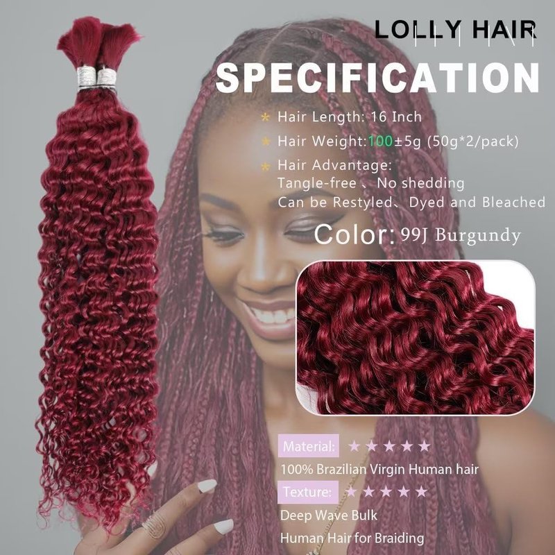 Xddnamei Curly Burgundy Human Braiding Hair 2 Bundles Total 100g 22 Inch 99J Burgundy Braiding Human Hair Brazilian Virgin Hair Bundles for Boho Braids
