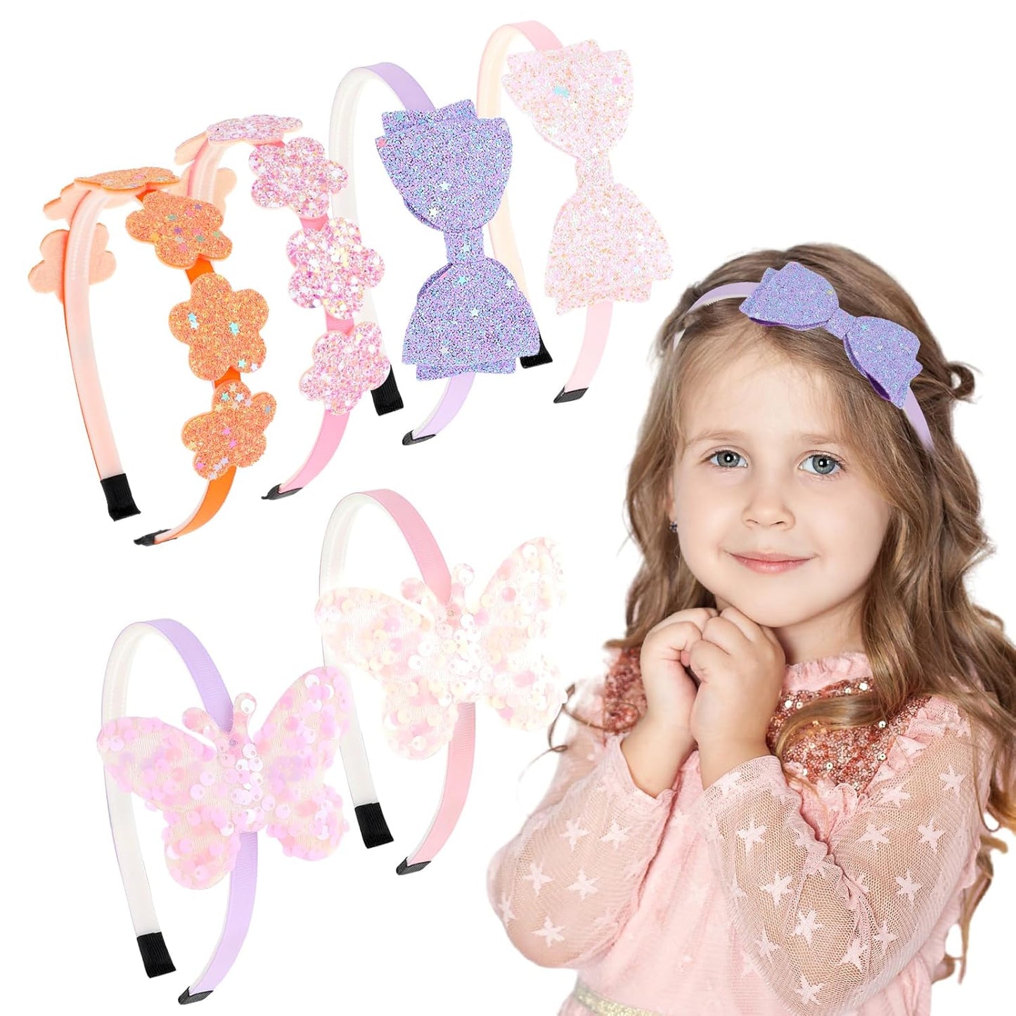 6 Pack Girls Headbands with Bow, Colorful Glitter Kids Headbands for Little Girls with Plastic Sparkly Bow Butterfly Floral Toddlers Hair Accessories