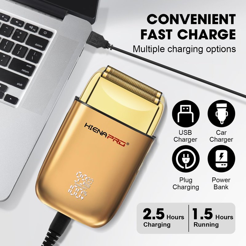 HIENA PRO Foil Shaver for Men Barber, Double Electric Foil Trimmer, Professional Electric Razor, Close Shaver, Cordless Rechargeable with USB, Detachable Design, LED Display, Gold
