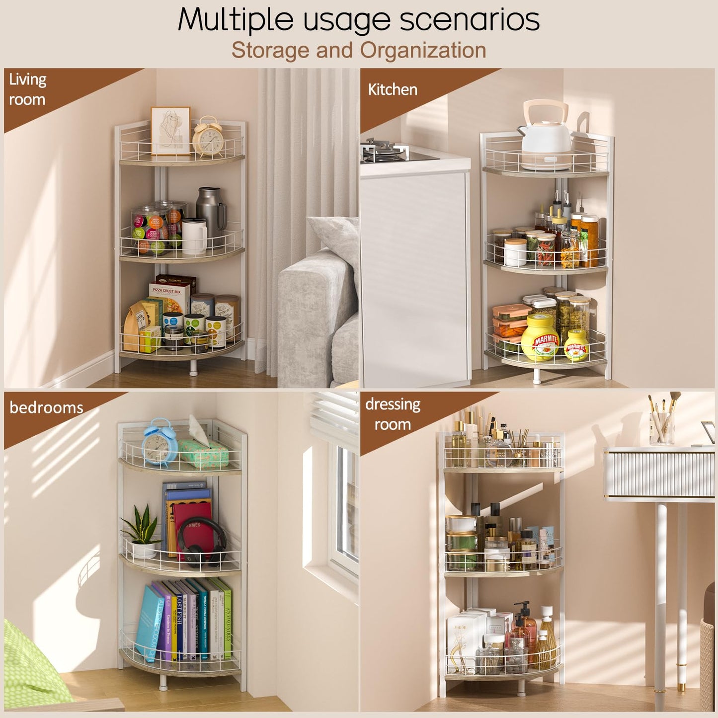 DAOUTIME Bathroom Standing Shelf, 3 Tier Free-Standing Shelf Units, Open Floor Shelves, Triangular Curved Corner Shelf Stand for Small Space, Ideal for Bathroom,Kitchen,Vanity Storage and Organizer
