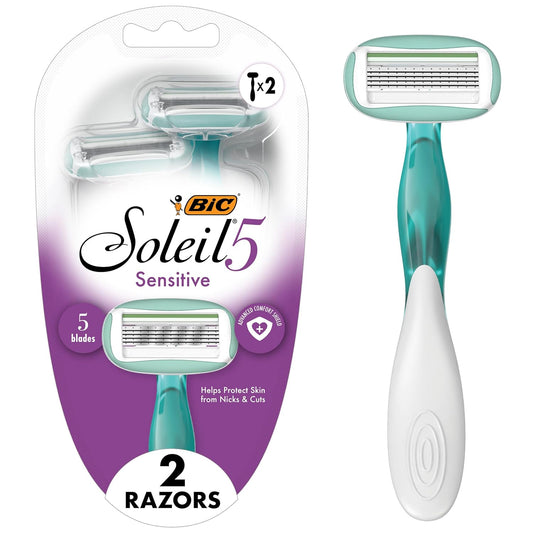 BIC Soleil Sensitive Advanced Women's Disposable Razors With 360 Degree Moisture Strips For Enhanced Glide, Shaving Razors With 5 Blades, 2 Count