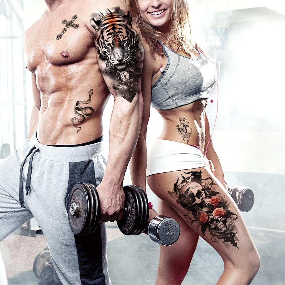 Realistic 3D Animal Temporary Tattoos Set - 40 Sheets for Men & Women, Includes Tigers, Wolves, Lions & Skull Designs