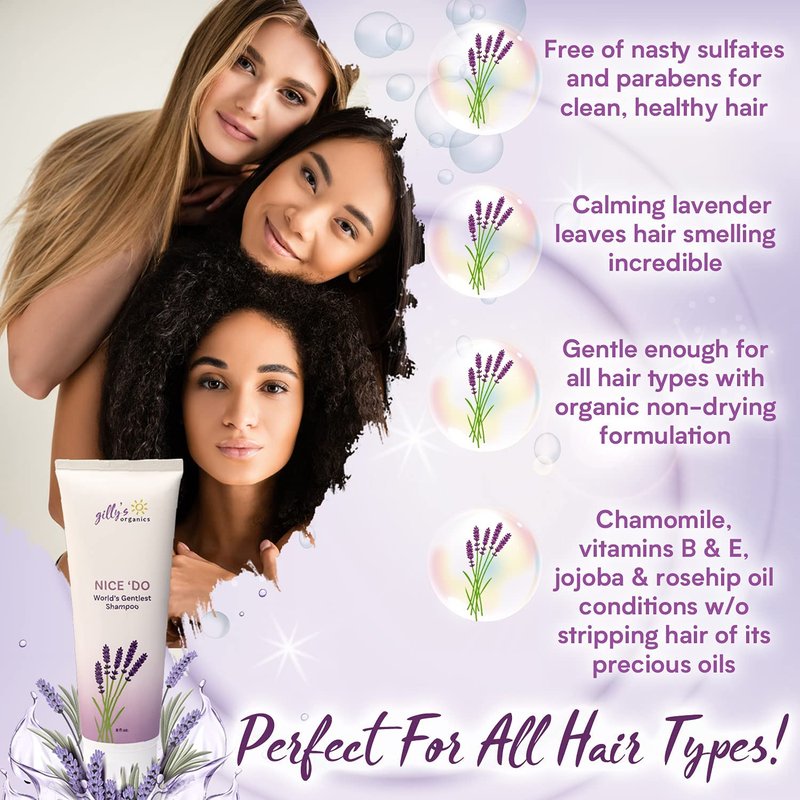 Gilly's Organics Organic Shampoo, Fresh Lavender Scent - Made in USA 2-in-1 Natural & Super Gentle Cleaner For Soft & Thick Hair - Infused with Aloe & Chamomile - Vegan, No Parabens or Sulfates