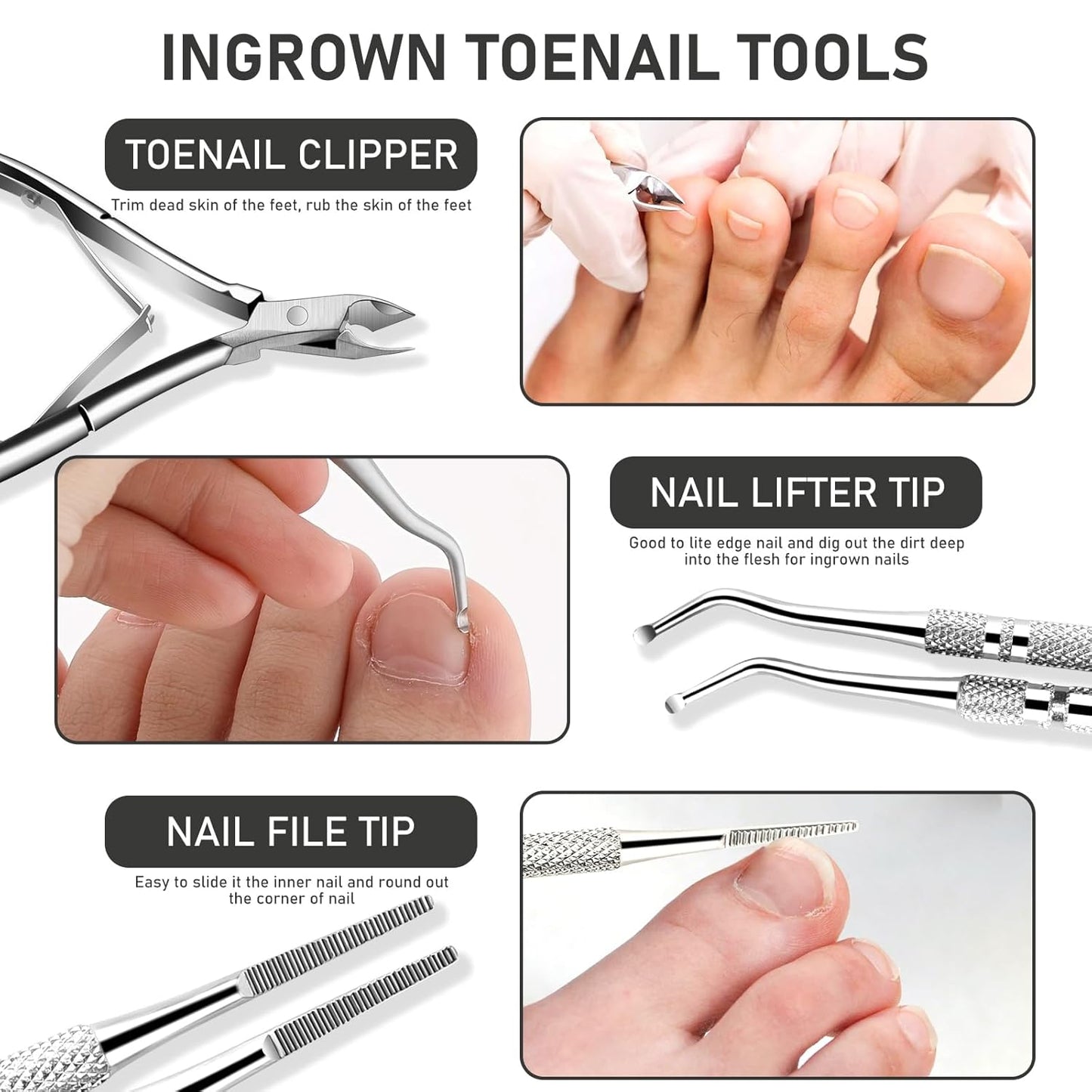 6-Pack Ingrown Toenail File and Lifters, Professional Surgical Stainless Steel Ingrown Toenail Removal Tool Kit, Manicure Treatment Pedicure Tools for Feet Under Nail Cleaner Correction Polish Pain