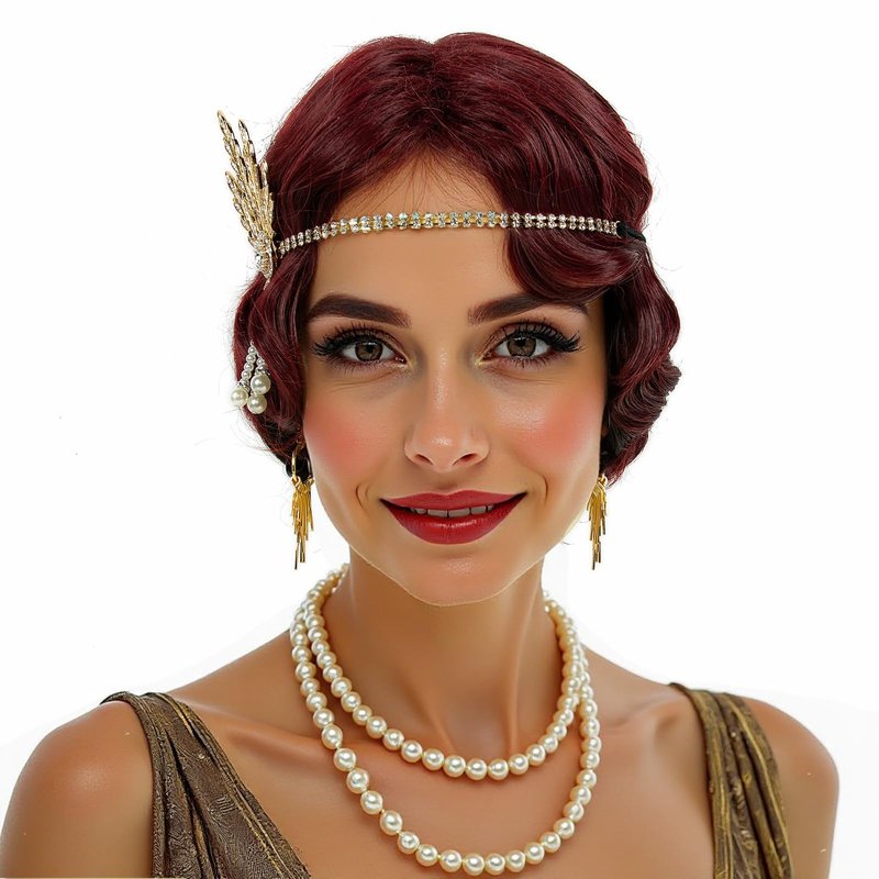 STfantasy 20S Finger Wave Wig Flapper Curly Synthetic Hair for Women 1920s Cosplay Costume Halloween Party Daily Everyday Wear (Black+Red)