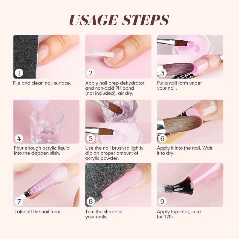Acrylic Nail Starter Kit - Clear Pink Nude Powder & Liquid | Complete Home Practice Set with Brush, Files & Forms