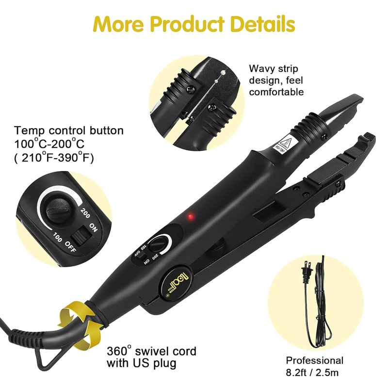 PAWACA Hair Extensions Tools, Professional K Tips Real Human Hair Fusion Machine, Fast Heat-Up Connector Wand Bonding Melting Iron(Black-Pro Adjustable Temperature)