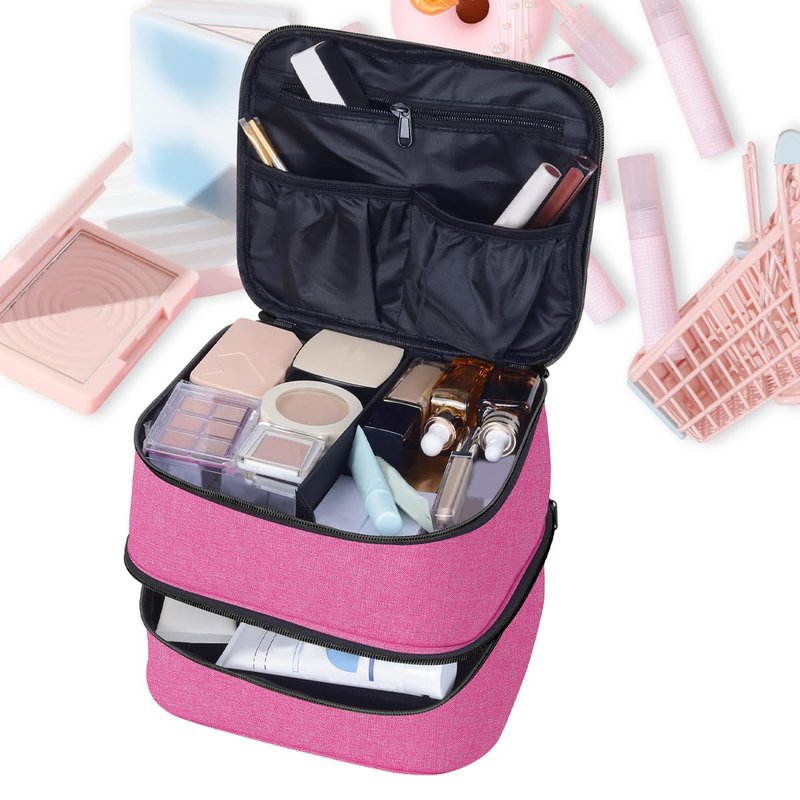 TANPADUAJI Double Layer Makeup Bag Portable Large Cosmetic Case Organizer with Adjustable Dividers Storage Travel Bag for Accessories Brushes Conditioner and Skin Care Products (Wine)