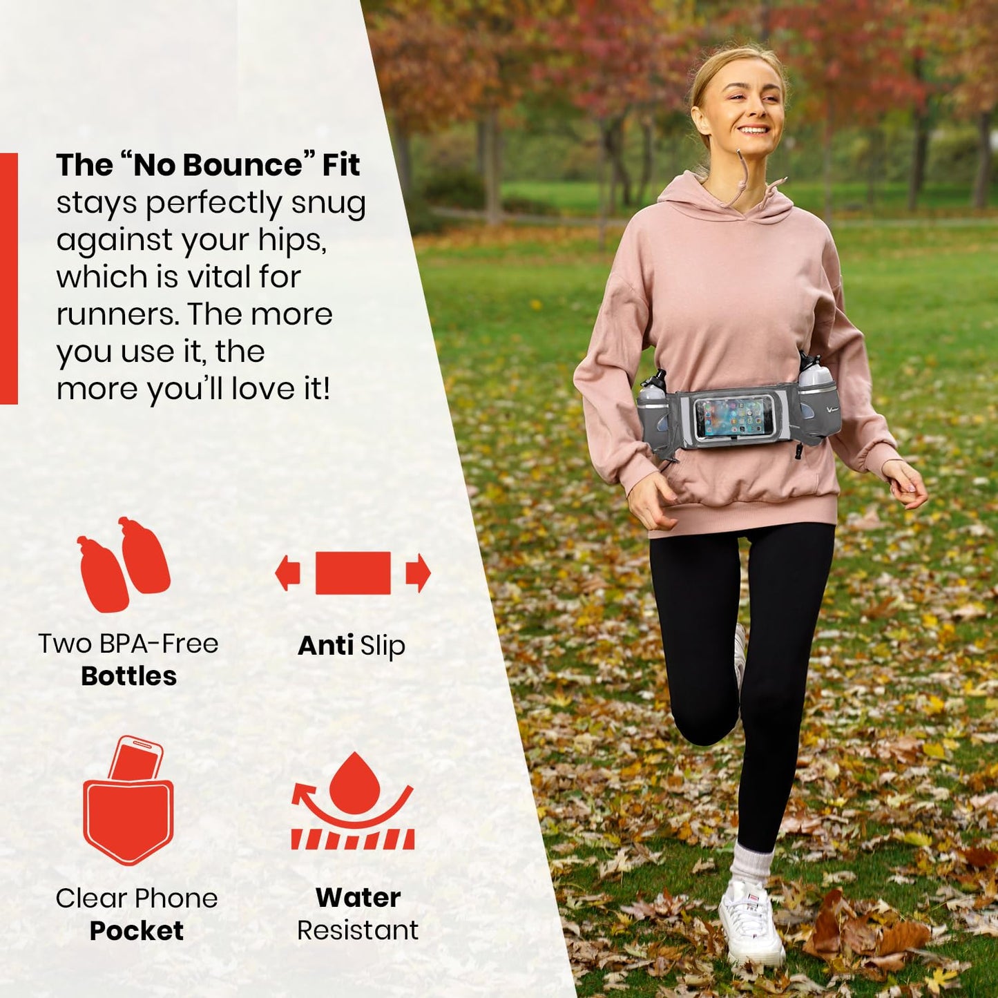 No.1 Hydration Belt by Runtasty - Premium Winners' Running Fuel Belt w/2 BPA-Free 10 oz Water Bottles, Tilt-Up Pocket w/Touchscreen-Ready Cover - Fits All iPhones, No-Bounce Design (Platinum Gray)
