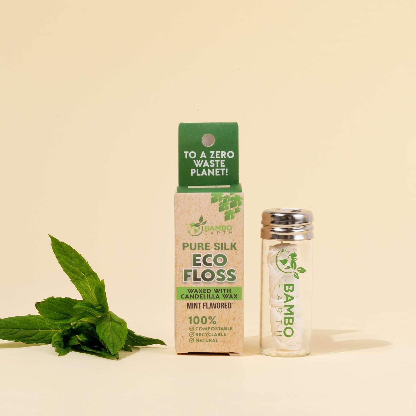 Biodegradable Mint Dental Tooth Lace Floss With Refillable & Reusable Glass Holder - 100% Organic Natural and Compostable Teeth Silk Spool Waxed With Candelilla Wax & Eco-Friendly Zero Waste Packaging