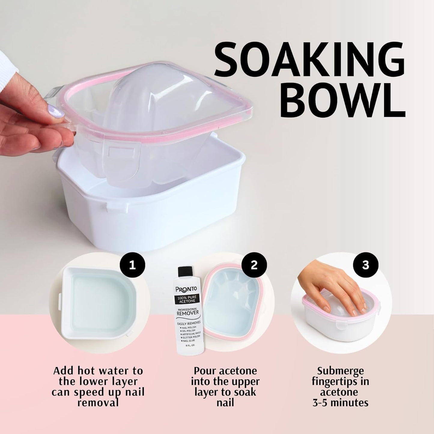 Pronto Gel Nail Polish Remover Kit - 8 Oz Pure Acetone | Complete Nail Care Set with File, Soak Off Bowl & Buffer