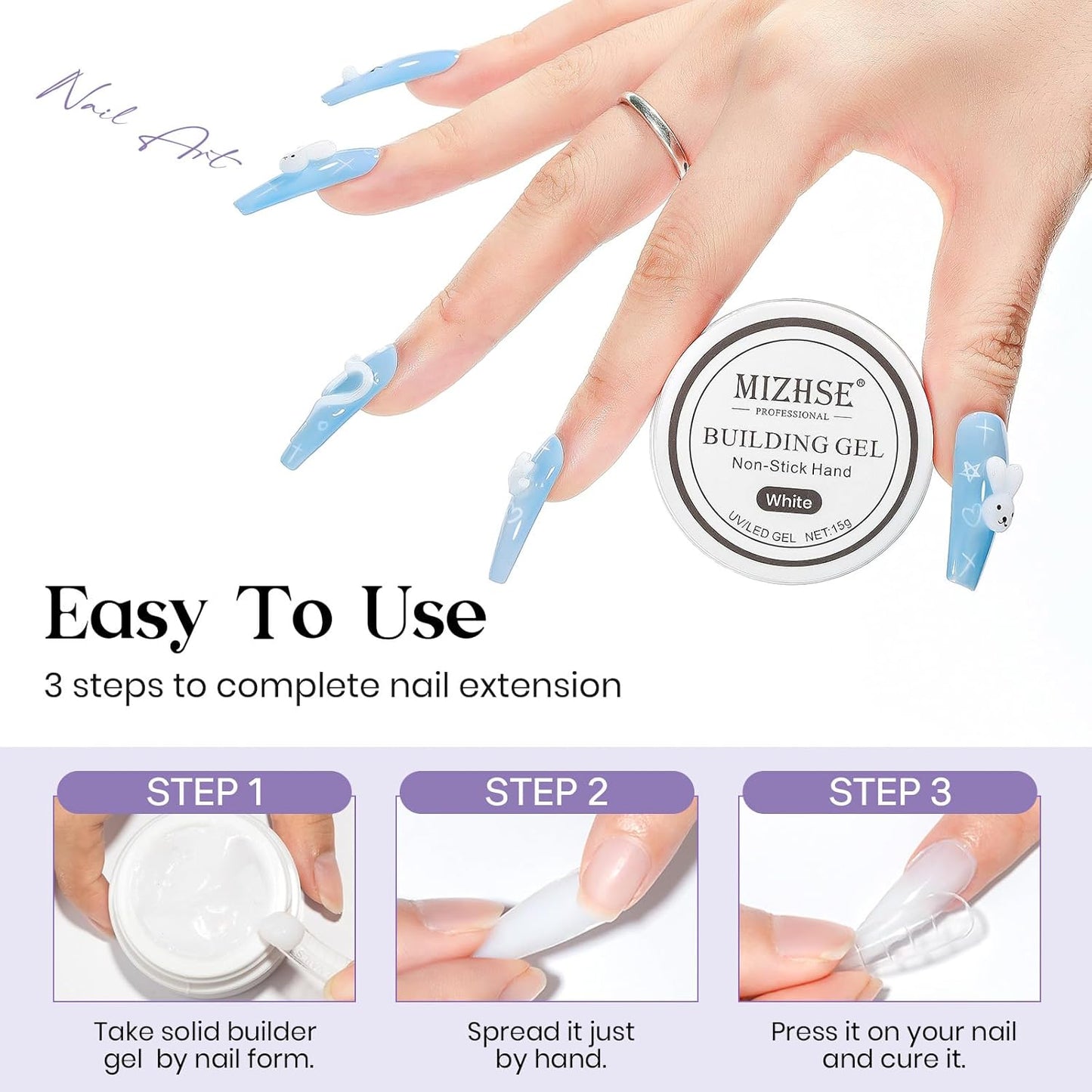 MIZHSE Solid Builder Gel for Nails, Clear Non-Sticky Sculpting Gel, 3D Nail Art Carving Building Modeling Hard Nail Extension Soak Off UV/LED Nail Art Salon Home DIY 15g