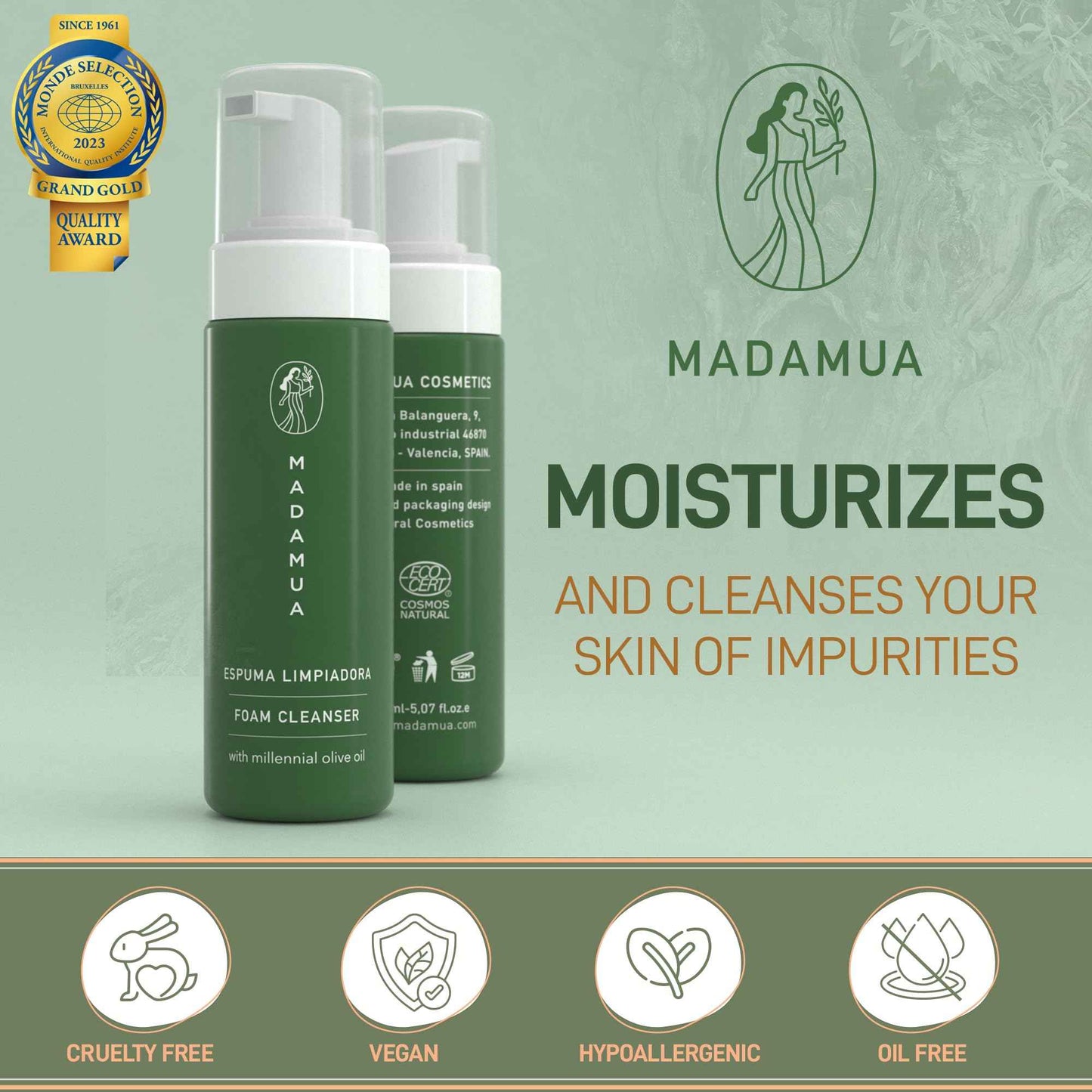 Organic Facial Foam, Gentle Oxygenating Foaming Face Wash for Women | Natural & Hydrating Facial Cleanser for Deep Cleaning | Organic Face Wash for Women | Foaming Travel Millennial Olive Oil Cleanser