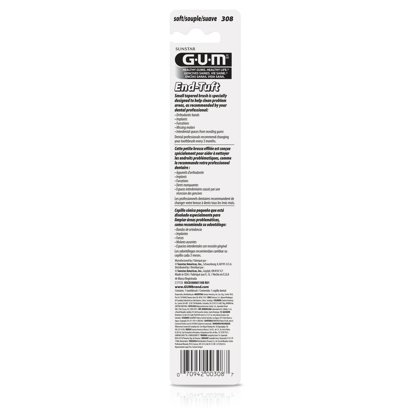 GUM End Tuft Toothbrush for Adults, Soft Dental Brush with Extra-Small Head for Hard-to-Reach Areas, Implants, Back Teeth & Wisdom Teeth, 1 Count
