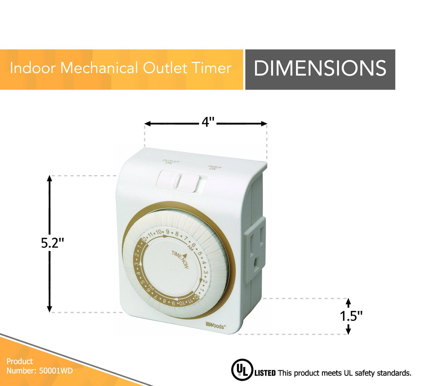 Woods 50001WD Indoor 24-Hour Heavy Duty Plug-In Mechanical Timer; 1 Grounded Outlet