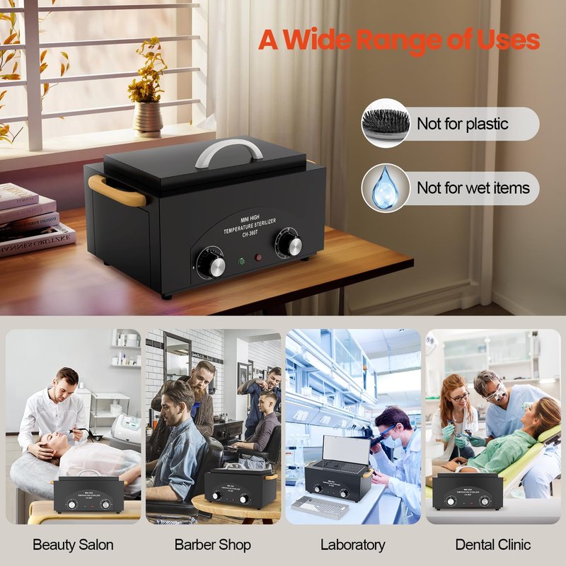 High Temperature Metal Tool Cleaner Machine, 2L Dry Heat Cleaning Box with Temperature & Time Setting, Cleaning Cabinet with Handle, for Beauty Salon, Barber Shop, Lab, Dental, Home, Restaurant, Black