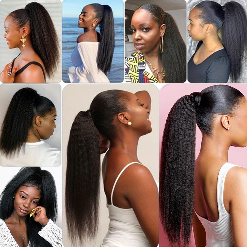 SAKALAKA Ponytail Extension Drawstring Human Hair Clip in Pony Tail Hair Extensions for Black Women Curly Wave Thick Natural Looking Hair Pieces Kinky Straight Human Hair Ponytail(16Inch)