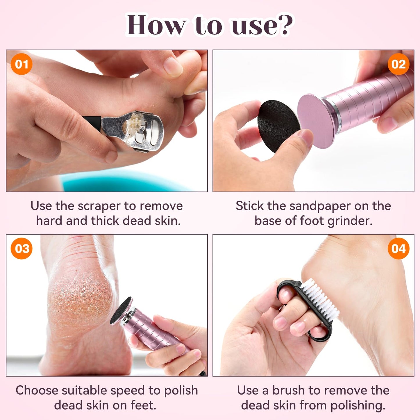 Electric Callus Remover for Feet, Adjustable Speed Foot Sander, Powerful Foot Grinder for Dead Skin, Pedicure Feet Care Tool with 60 PCS Sandpaper Disk, Electric Anti-Slip Foot File (Pink)