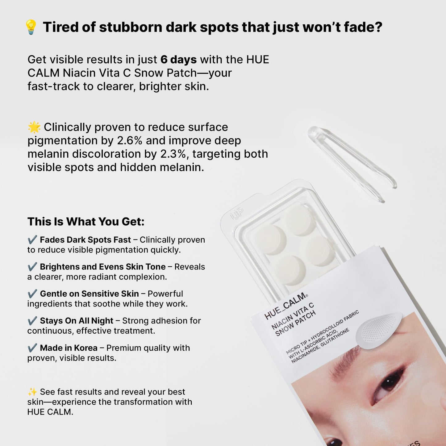 HUECALM Niacin Vita C Snow Patch - Fast Dark Spot Removal, Gentle & Effective Whitening Patch, High Adhesion & Long-Lasting Results, Dermatologically Tested, Korean Skincare