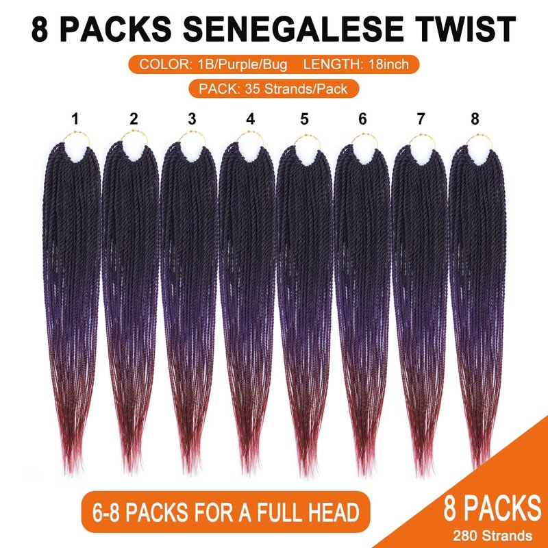 NAYOO Purple Crochet Hair Senegalese Twist, 18 Inch 8 Packs Small Crochet Hair for Black Women, 35 Strands/Pack Crochet Twist for Black Women, Twist Crochet Hair Extensions for Protective Styles