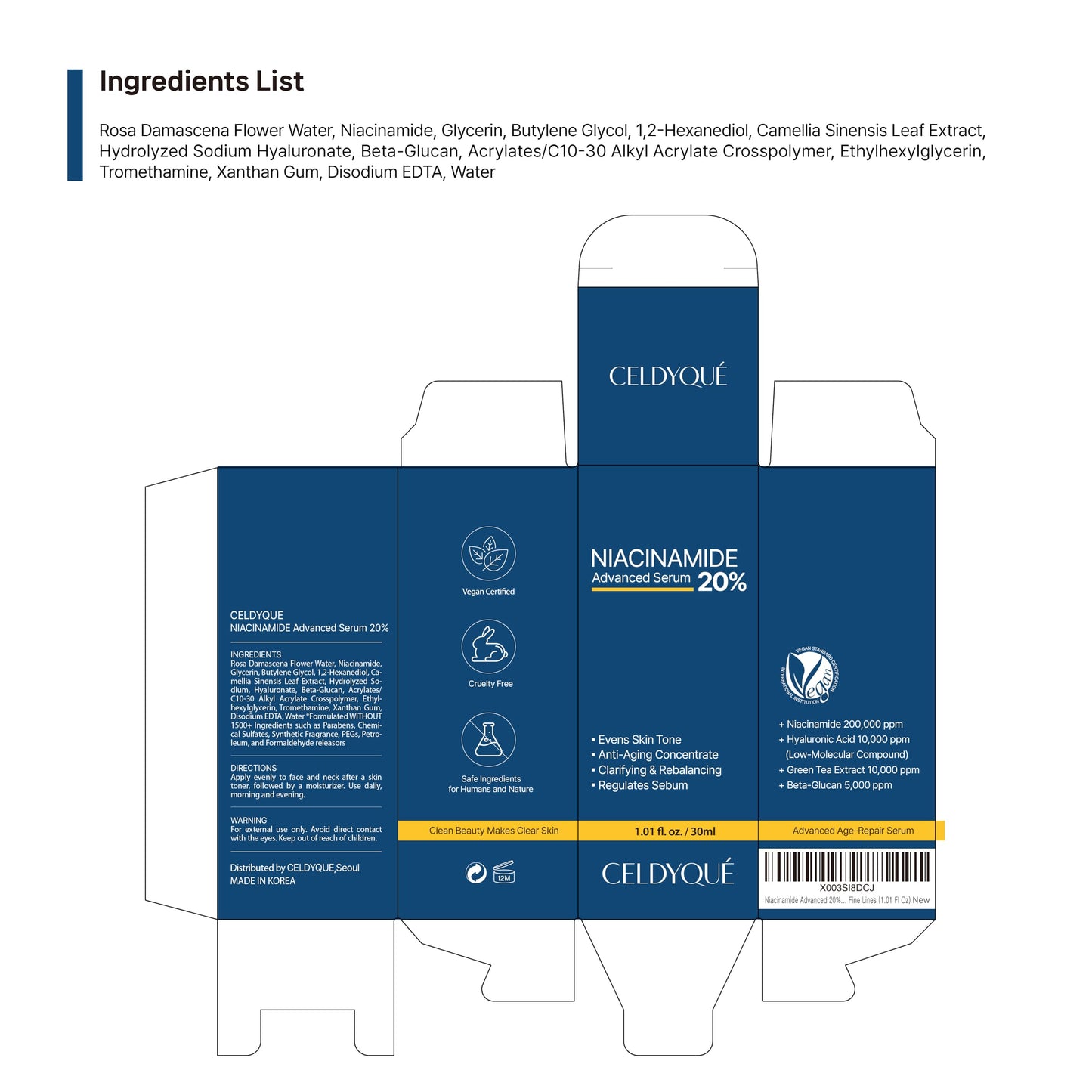 CELDYQUE Niacinamide Advanced 20% Face Vegan Serum w/Vitamin B3 Green Tea Beta-Glucan Damask Rose 63% No-Scent Even Skin Tone Minimize Pores Plump Fine Lines