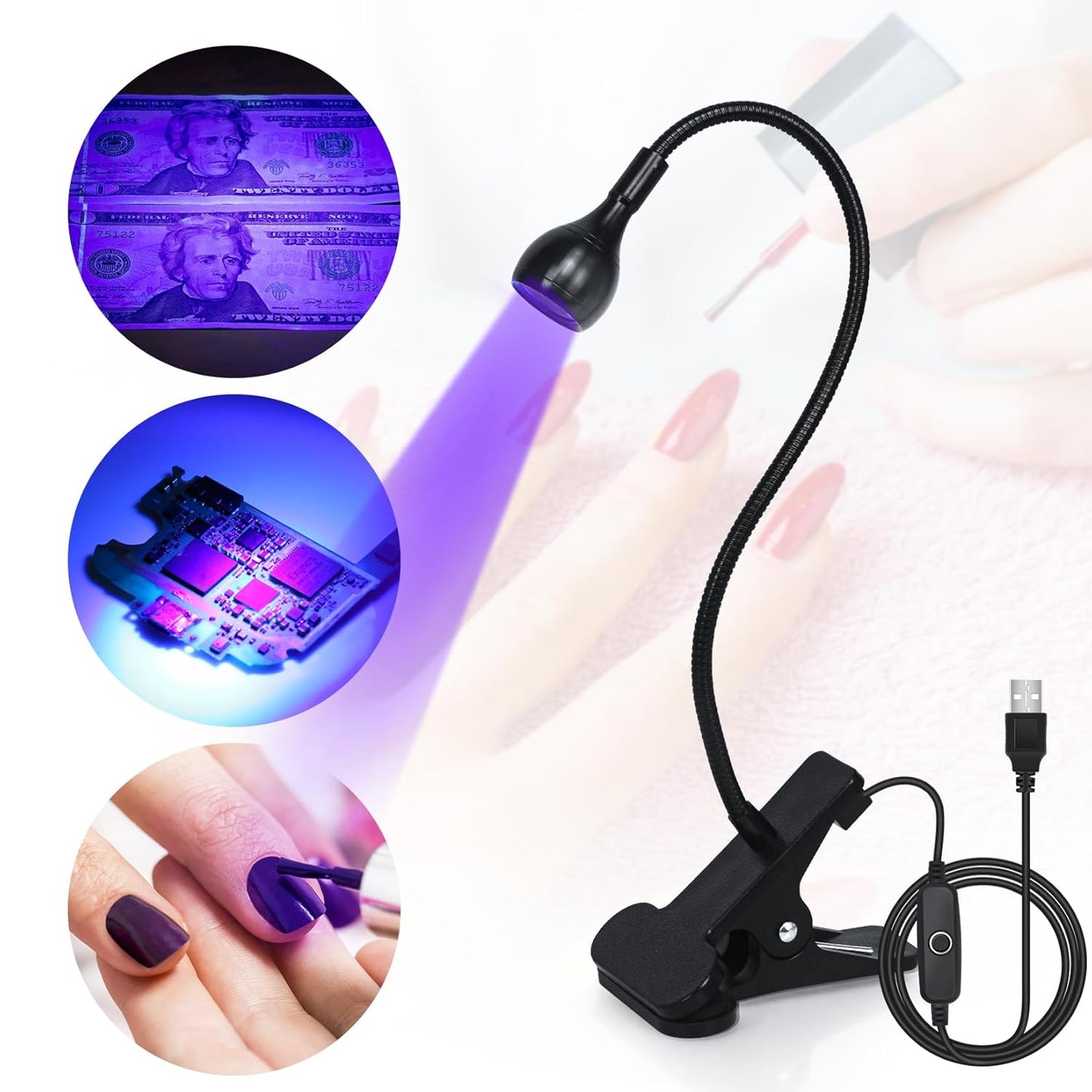 UV Nail Lamp - UV Light for Gel Nails, LED Gooseneck Flash Cure Lamp for Nails, Manicure Dryer Black Light with Clamp, 365+395nm Wavelength 5V 3W 4 Levels Dimming