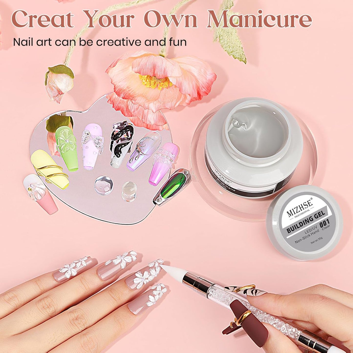 MIZHSE Solid Builder Gel for Nails, Clear Non-Sticky Sculpting Gel, 3D Nail Art Carving Building Modeling Hard Nail Extension Soak Off UV/LED Nail Art Salon Home DIY 15g