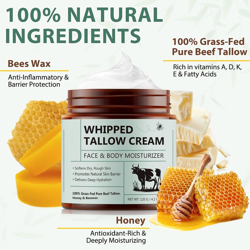 Whipped Beef Tallow for Skin - 100% Grass Fed Pure Beef Tallow with Honey, Natural Moisturizing Cream for Face and Body, Deep Hydration Softens Dry Skin, Nourishing Tallow Cream 4.2 Oz (2 Packs )