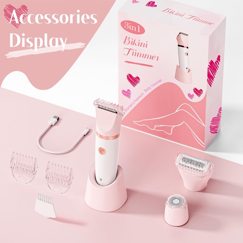 Bikini Trimmer for Women, Painless Electric Razor Shaver Women - Rechargeable Body Hair Trimmer, 3-In-1 Detachable Removal Kit with Ceramic Blade, Cordless Lady Shaver for Trip, IPX7 Waterproof, White