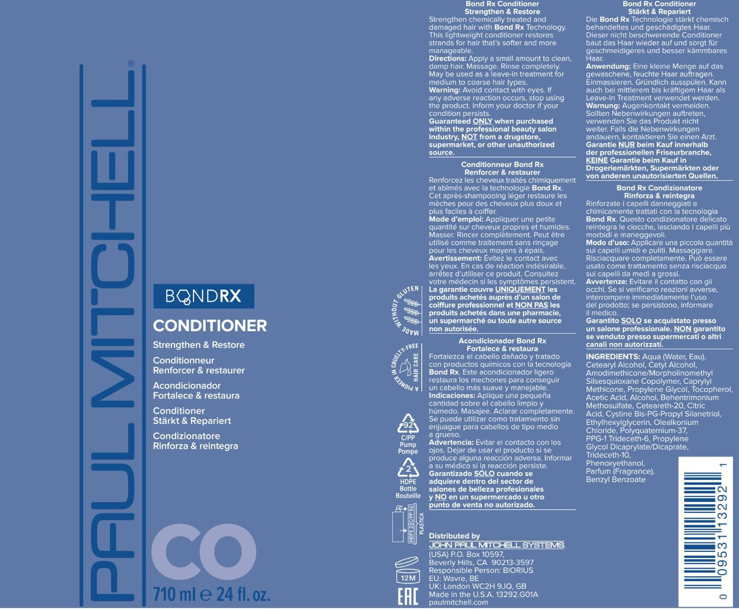 Paul Mitchell Bond Rx Conditioner, Strengthens + Restores, For Chemically Treated + Damaged Hair, 24 oz