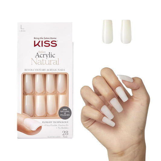 KISS Salon Acrylic Natural Press On Nails, Nail glue included, 'Rare', Nude, Short Size, Squoval Shape, Includes 28 Nails, 2g Glue, 1 Manicure Stick, 1 Mini File