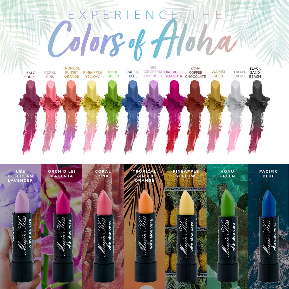 Magic Kiss Pack of 12 Color Changing Aloe Vera Lipstick Set Made in USA (Colors of Aloha 01)