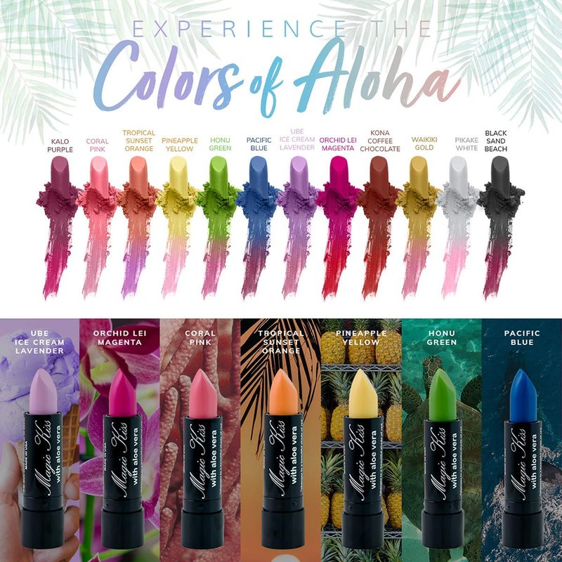 Magic Kiss Pack of 12 Color Changing Aloe Vera Lipstick Set Made in USA (Colors of Aloha 01)