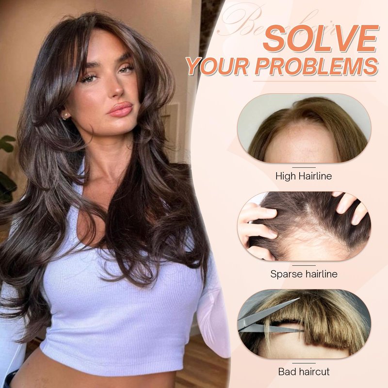 Benehair Clip on Bangs for Women Human Hair, Fake Bangs Clip Human hair, Middle Part Clip in Hair Extensions Hair Pieces with Temples for Daily Wear (Dark Brown)