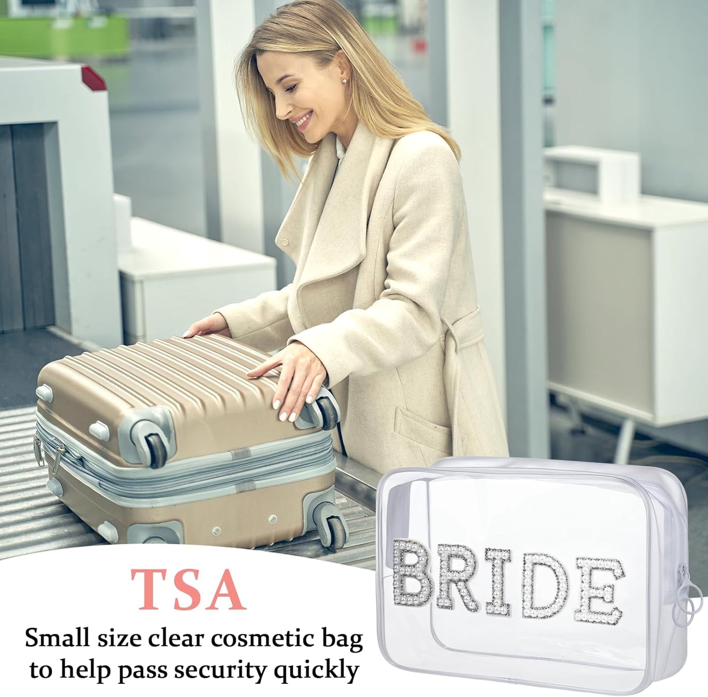 Etercycle Bride Clear Makeup Bag, Bridal Shower Gifts Engagement Cosmetic Bag, Bling Pearl Rhinestone Letter Patches Waterproof PVC Travel Organizer for Women Wedding Bachelorette Party (Gold)