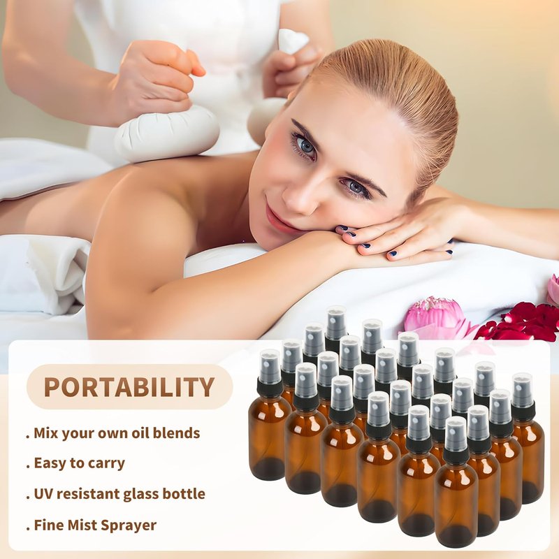 Billionstars 24 Pack Glass Boston Round Bottles - 2oz Amber Mist Sprayers for Essential Oils | Leakproof Travel Containers
