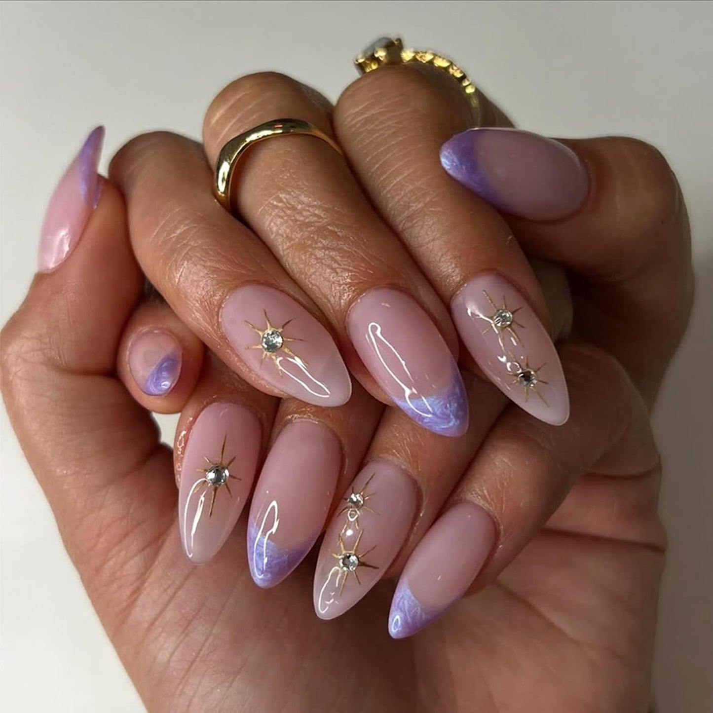 French Tip Almond Press-On Nails with Gold Bow | Reusable Glossy Acrylic False Nails for Women