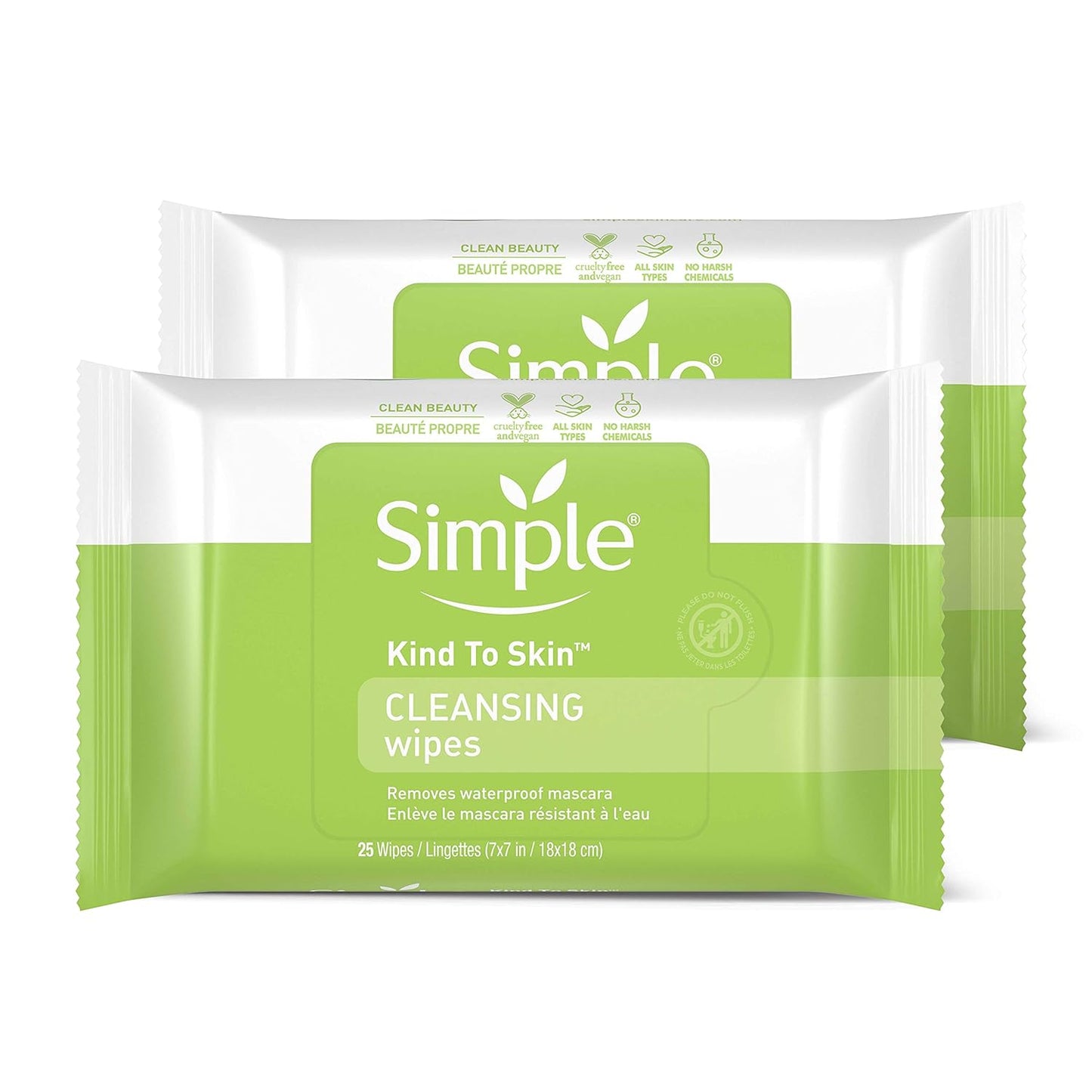 Simple Kind to Skin Cleansing Wipes Micellar Gentle and Effective Makeup Remover Free from color and dye, artificial perfume and harsh chemicals 25 Wipes