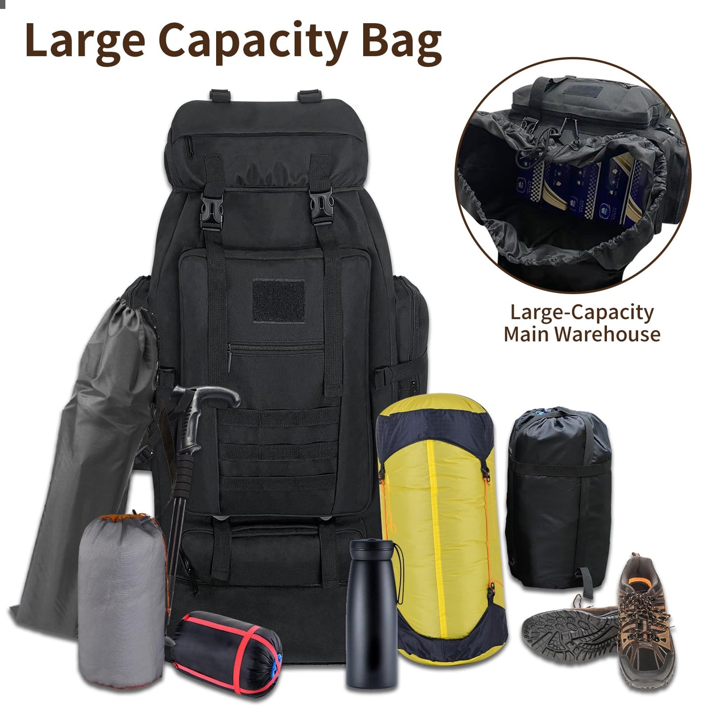 Vaupan Hiking Backpack, 100L Large Camping Backpack, Expandable Waterproof Molle Rucksack, Outdoor Sport Travel Daypack Military Tactical Back pack for Men Women (Black)