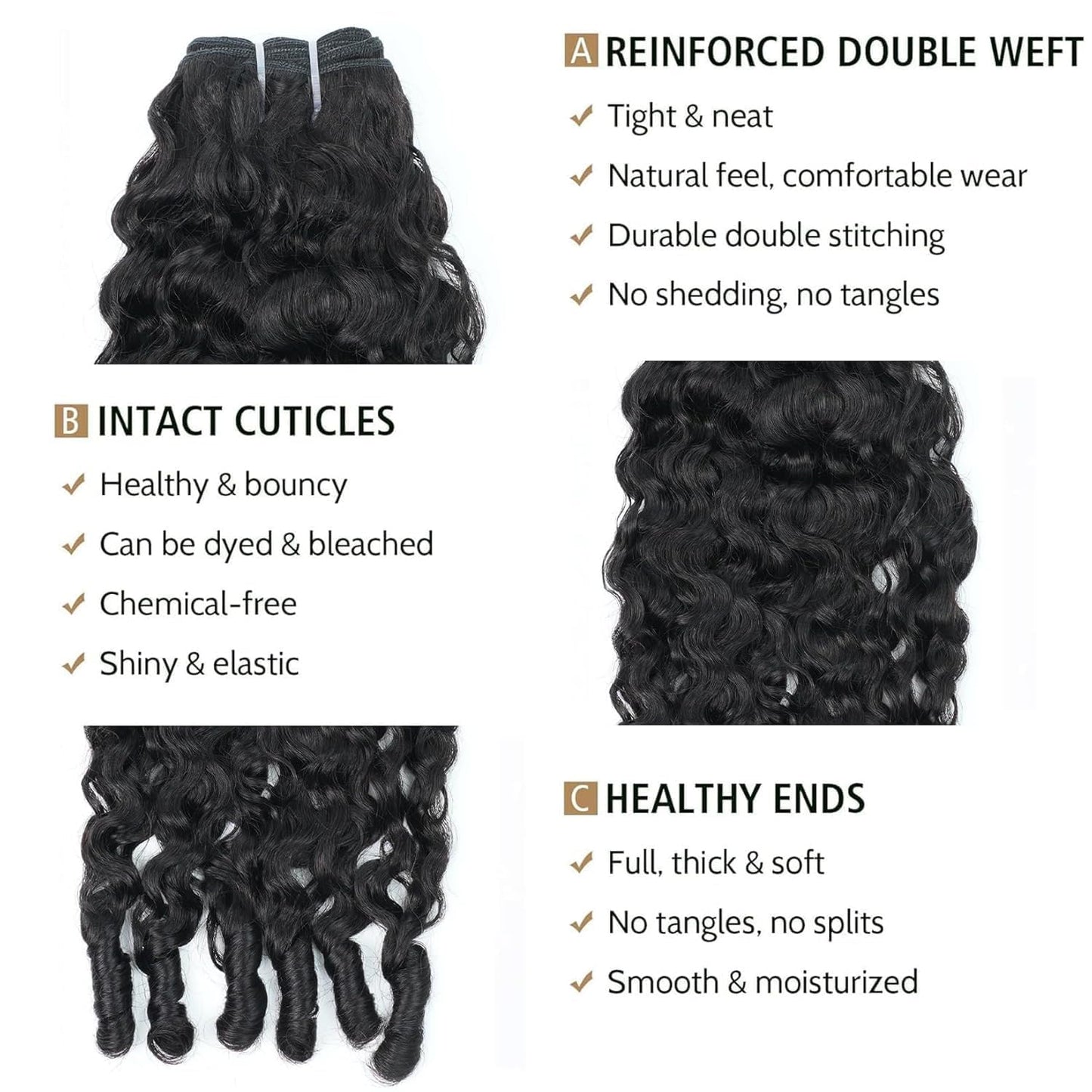 Wequeen 16A Burmese Curly Human Hair Bundles 18 Inch 100% Unprocessed Brazilian Virgin Hair Quick Weave Bundles Human Hair Extensions Real Human Hair, Natural Black
