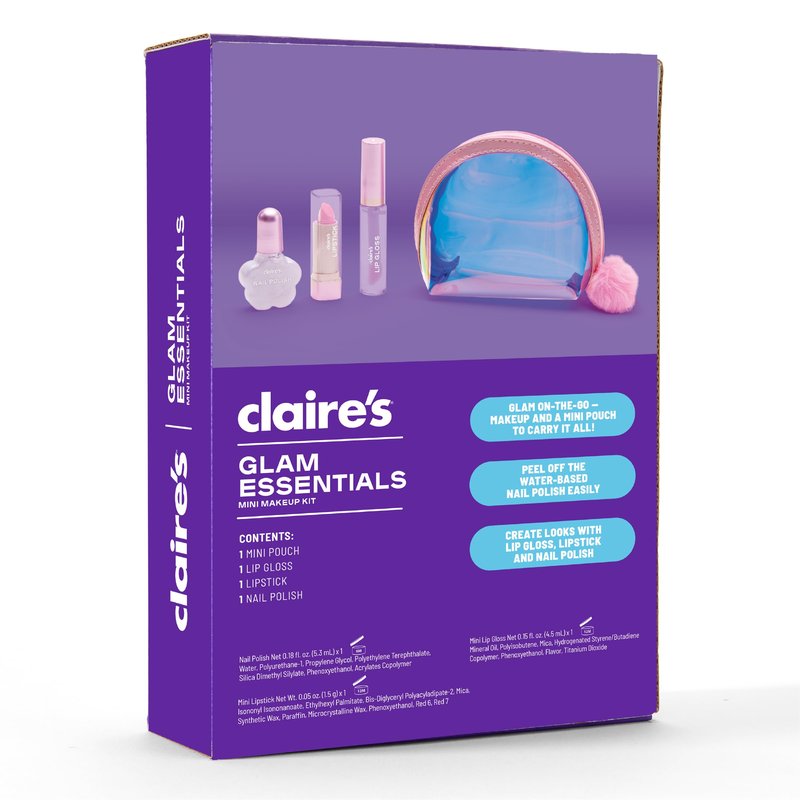 Claire's Glam Essentials Kids Makeup Kit, 4-Piece Real Cosmetic Set with Mini Pouch, Lip Gloss, Lipstick & Nail Polish, Pretend Play Make Up for Kids Ages 6+, Girl Toys & Beauty Activity Gift
