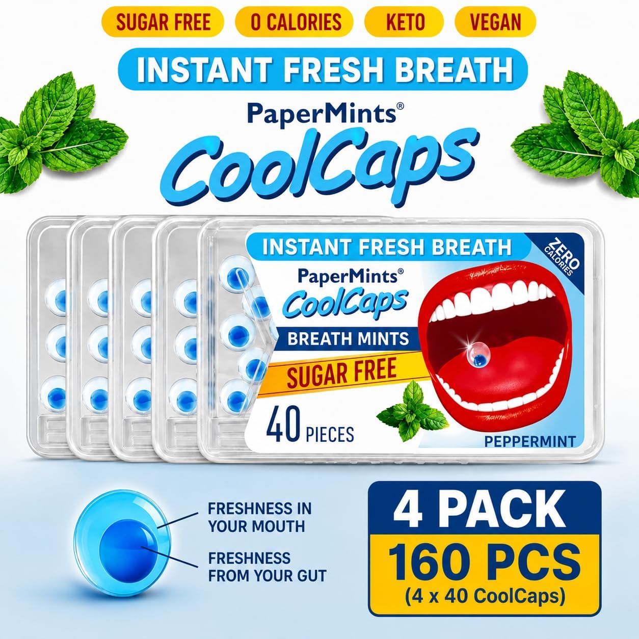 Papermints Coolcaps Liquid Burst Breath Mints. Dual-Action for Instant Fresh Breath + Gut Odor Control – Peppermint Flavor, Sugar Free, 0 Calories, Pocket Size - 4 Pack of 40 pieces - 160 Total