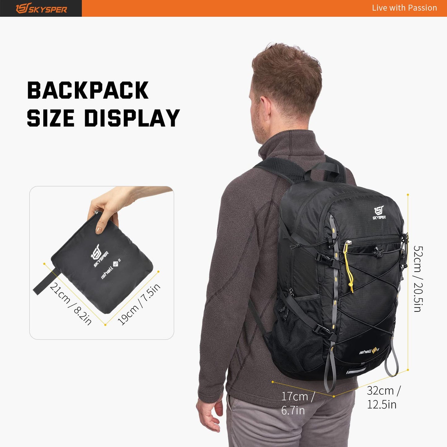 SKYSPER Packable Hiking Backpack 30L Lightweight Daypack Travel Backpacks for Women Men(Black)