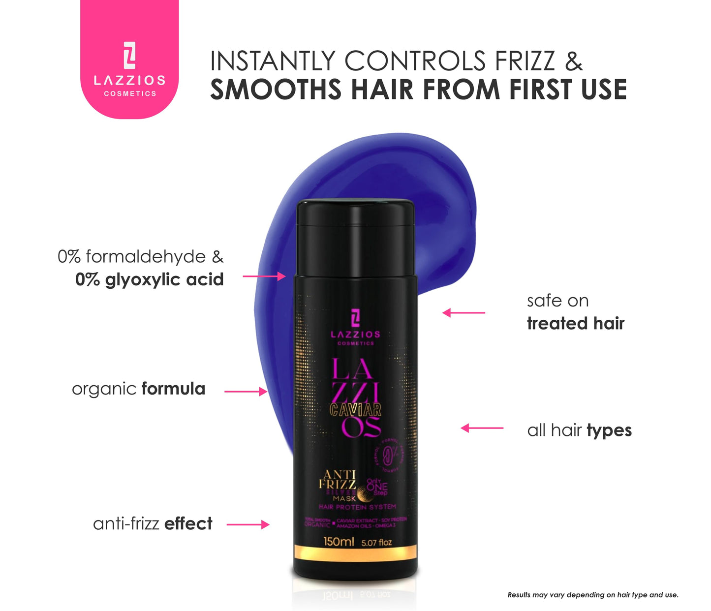 Lazzios Caviar Organic Hair Protein – Brazilian Professional Straightening & Smoothing Treatment – Formaldehyde-Free Formula with No Toxic Acids, Hyaluronic Acid, Keratin, Caviar & Argan Oil – 120 ml