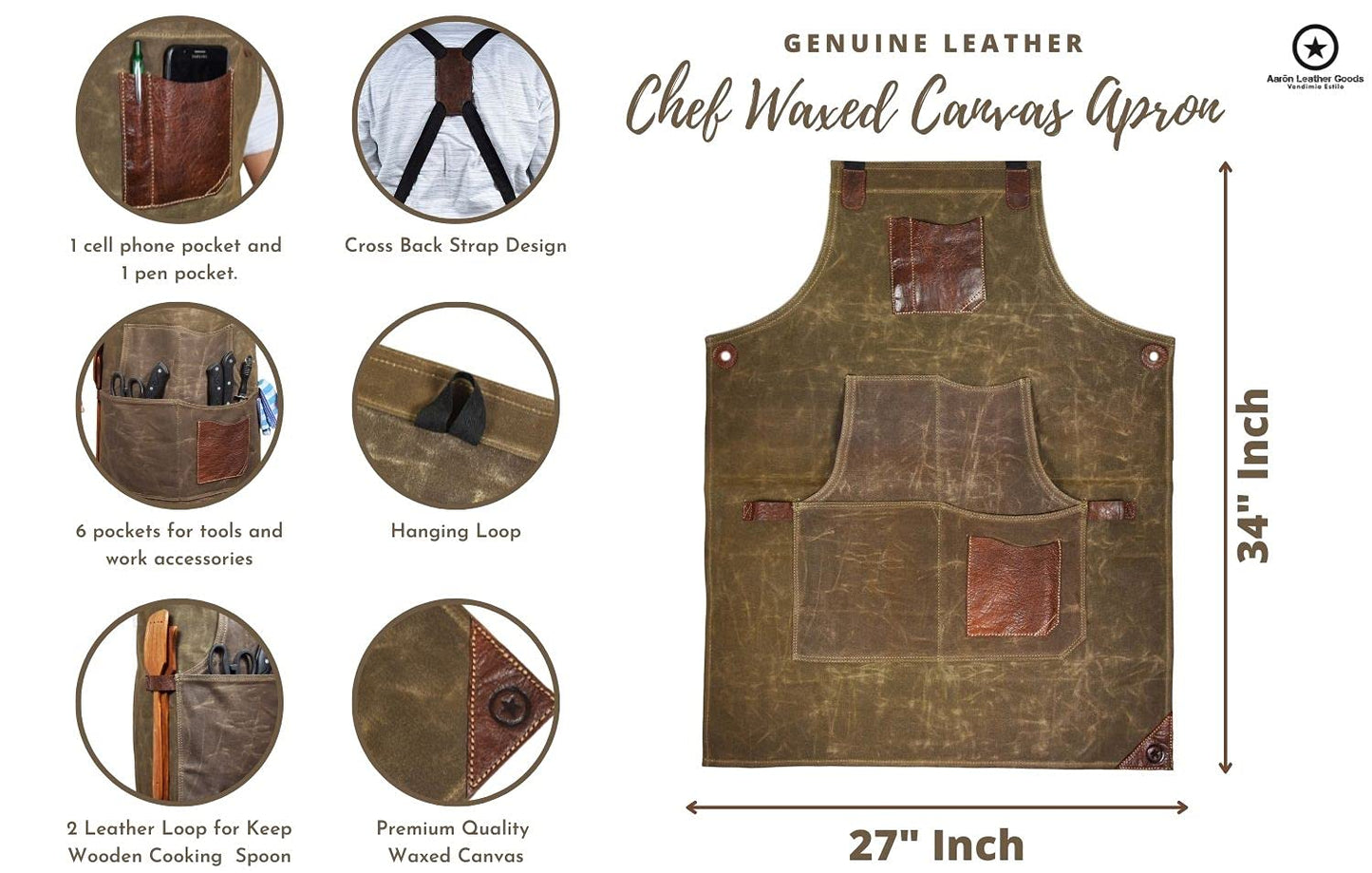 One Size Fits Utility Apron | Adjustable Cross-Back Straps | Multi-Use Shop Apron With Tool Pockets By Aaron Leather Goods (Green, Canvas Leather)