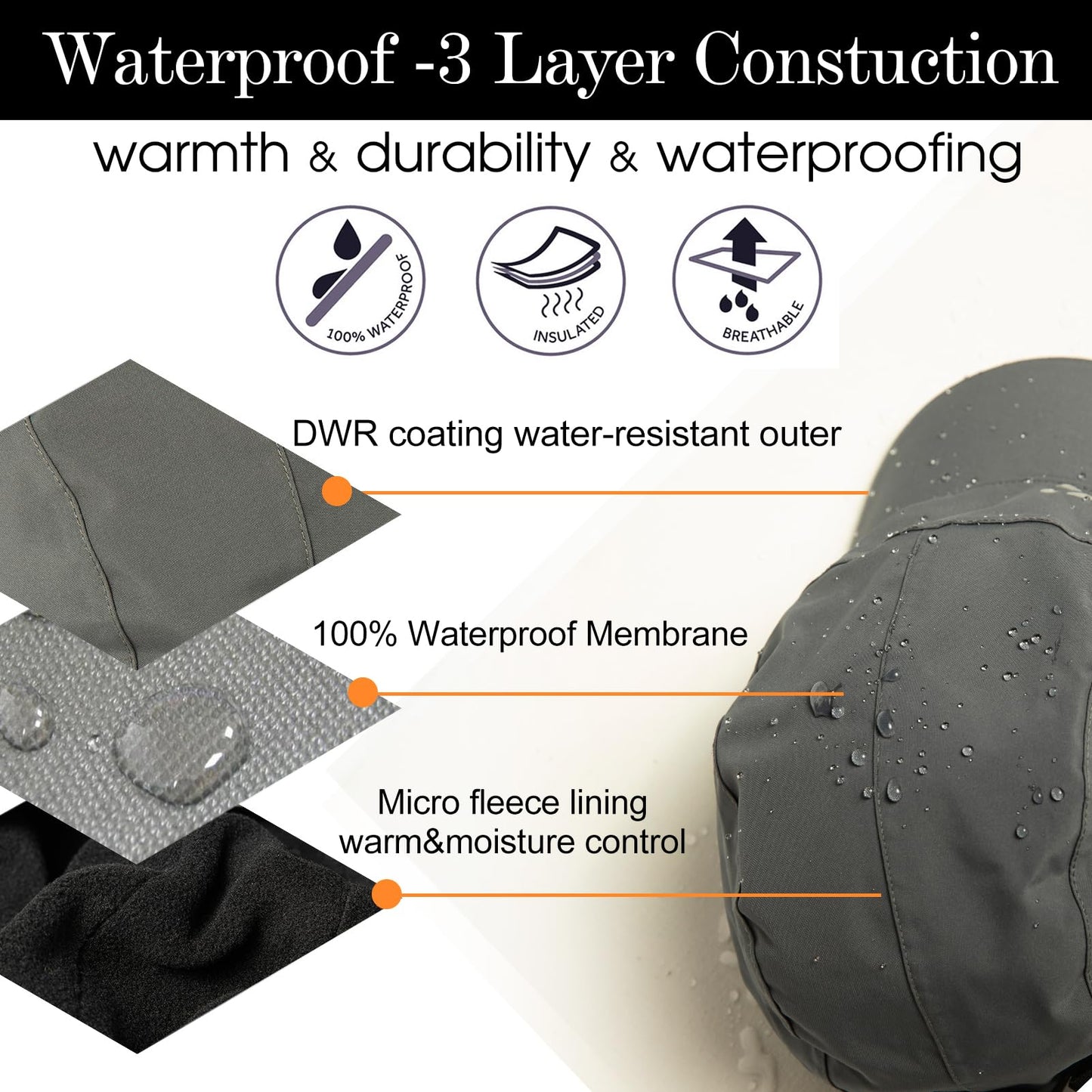 TOP-EX M/L Men Women Waterproof Winter Baseball Cap Fleece Earflap Trapper Hat for Cold Weather Big Heads Gray Large
