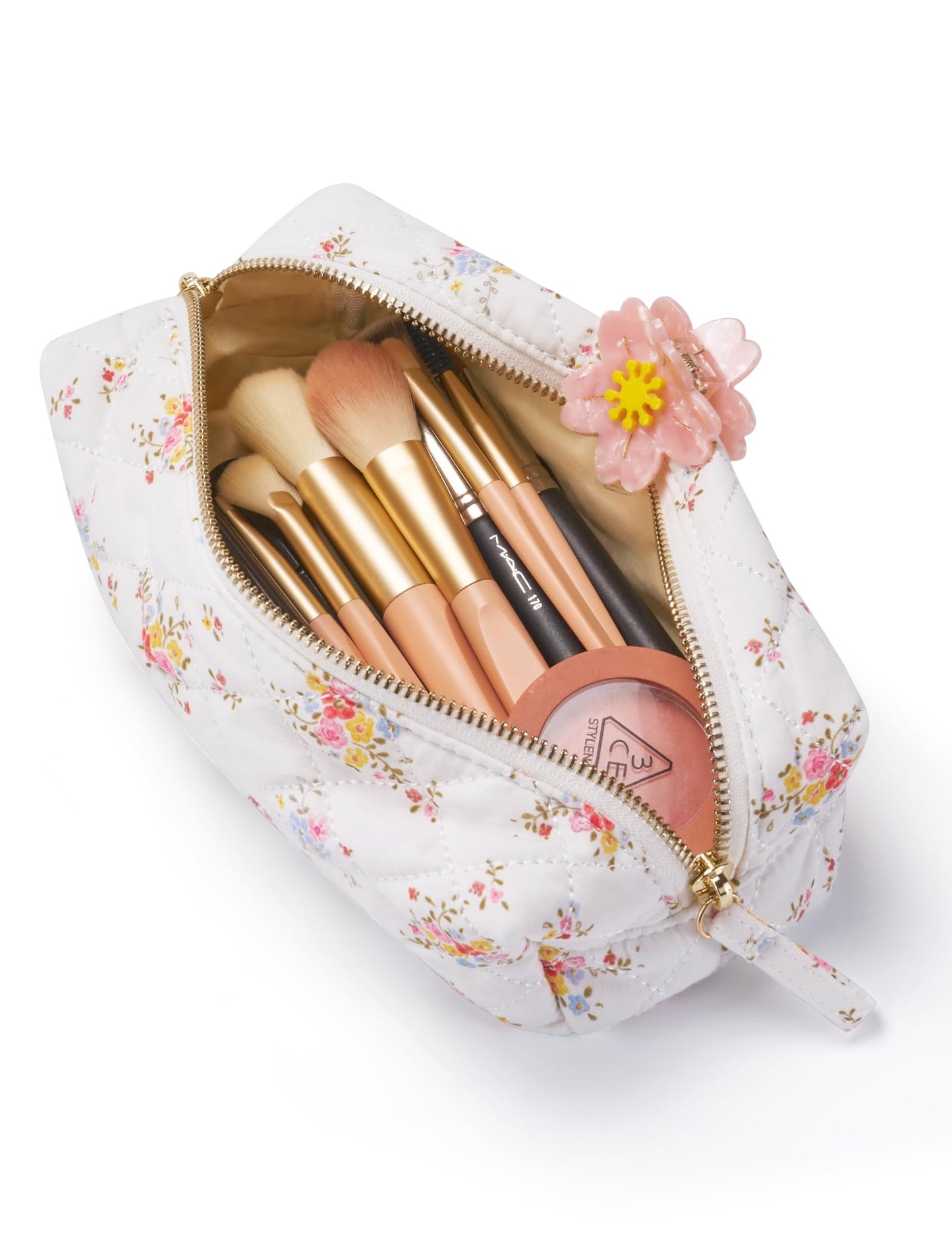 Popvibe Floral Quilted Makeup Bag Set of 3 Piece, Cute Travel Makeup Bags Coquette White Flower Cosmetic Pouch, Aesthetic Cotton Quilt Cloth Toiletry Traveling Bag for Women, Girls